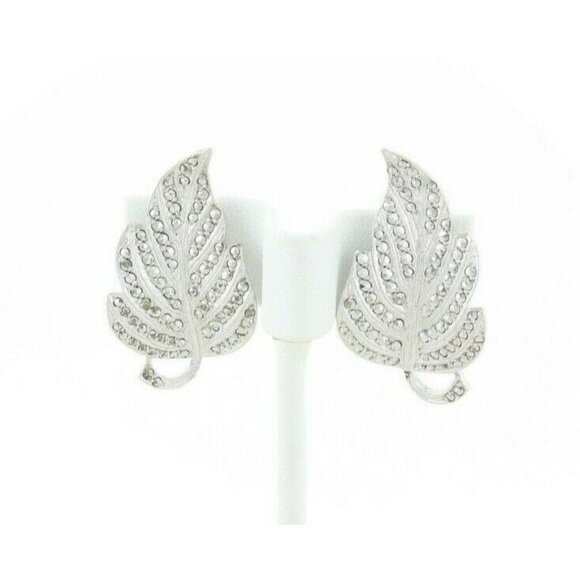 Sterling Silver Marcasite Leaf Clip On Earrings Screw Back - Picture 1 of 7